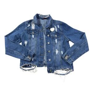 Excuse Distressed Denim Jacket Women Medium Edgy Rocker Moto Style Biker